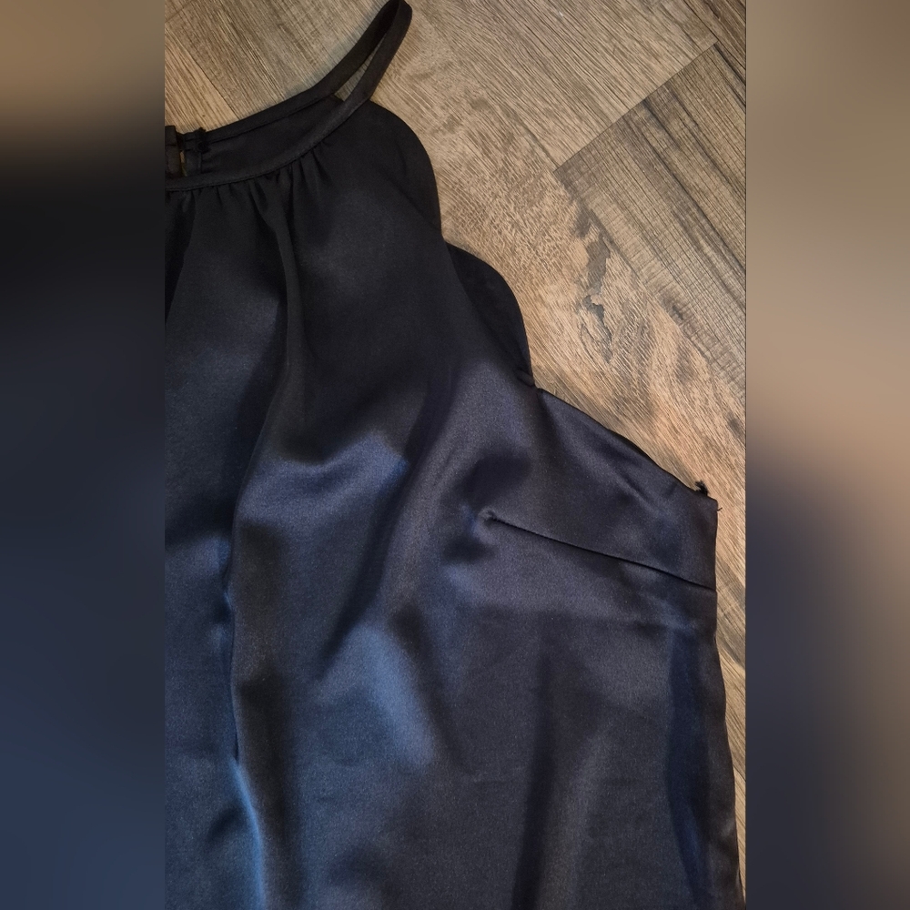 Monteau Black Satin Tailored Blouse. Scalloped Accent.